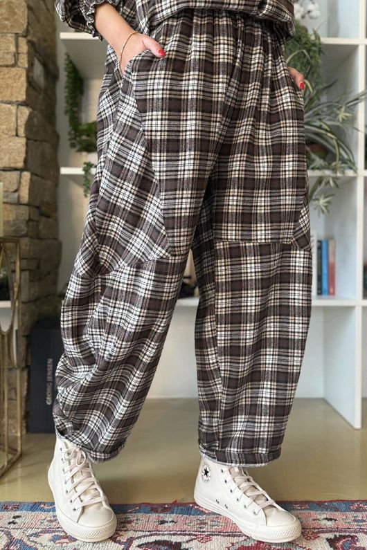 Patrick Plaid Brushed Cotton Barrel Pant Earth